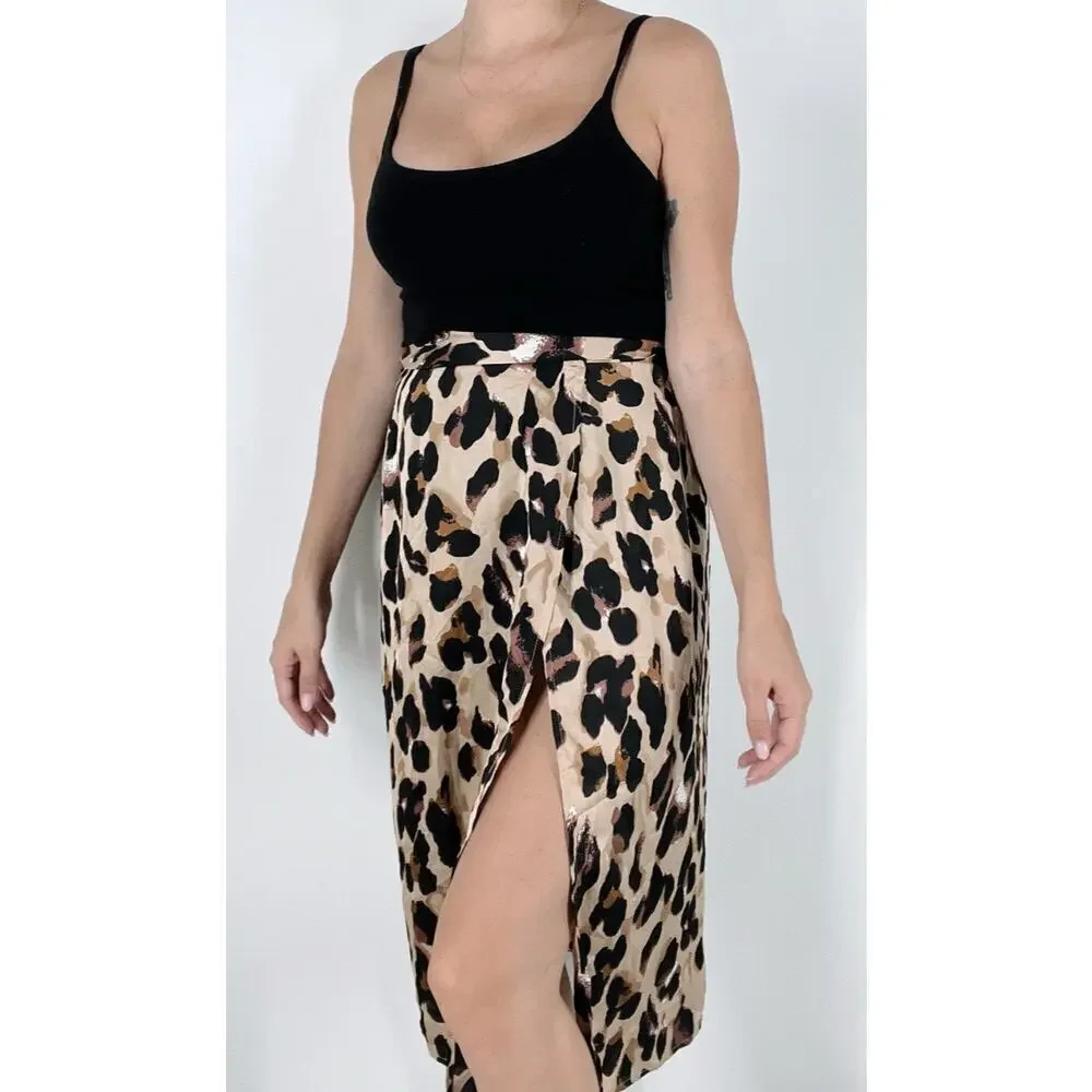 NWT Missy Empire Brown Leopard Print Wrap Midi Skirt Size 2